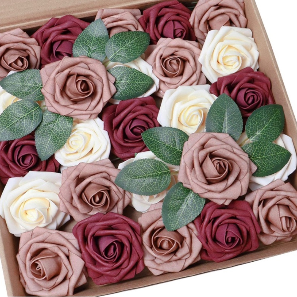 25 Count | Burgundy Ivory Dusty Roses Wedding Bouquet Flowers Centerpiece Decor